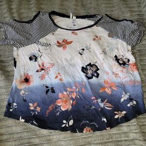 Est‎ 1946 Floral Lace Striped Blouse Size 18/20W Short Slit Sleeves Scooped Neck